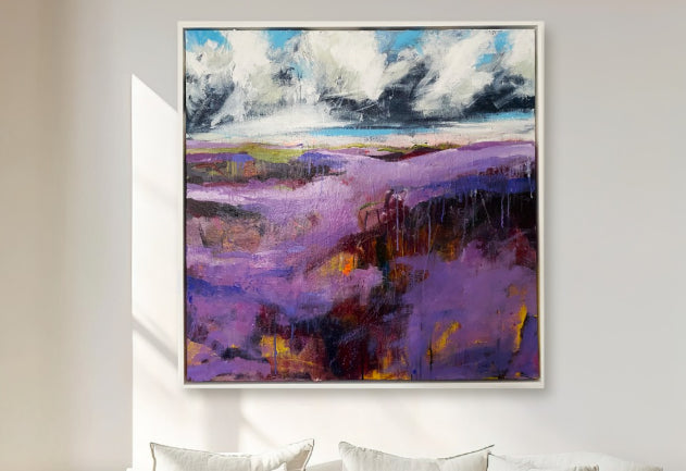 Abstract landscape painting of purple heather fields in the New Forest with dramatic clouds and textured brushstrokes.