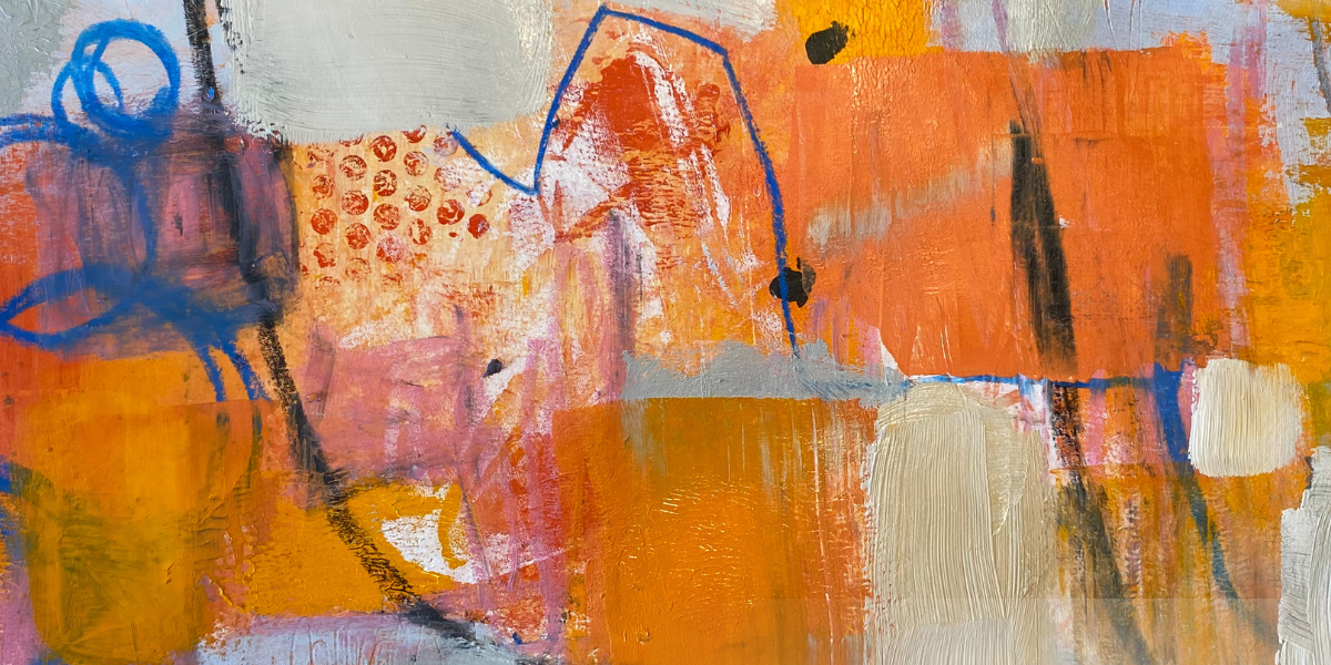 Abstract art with orange, blue, and white colors on a textured background