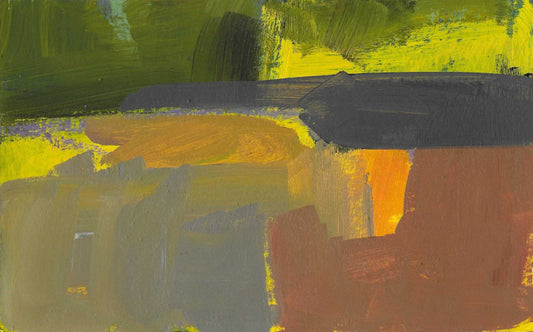 A vibrant landscape with bold brush marks in vibrant green, browns, oranges.