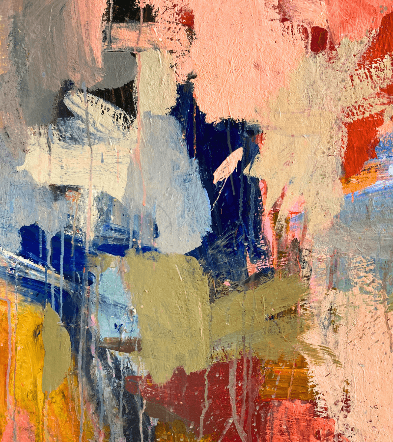 Abstract art with a mix of colours including pink, blue, yellow, and red.