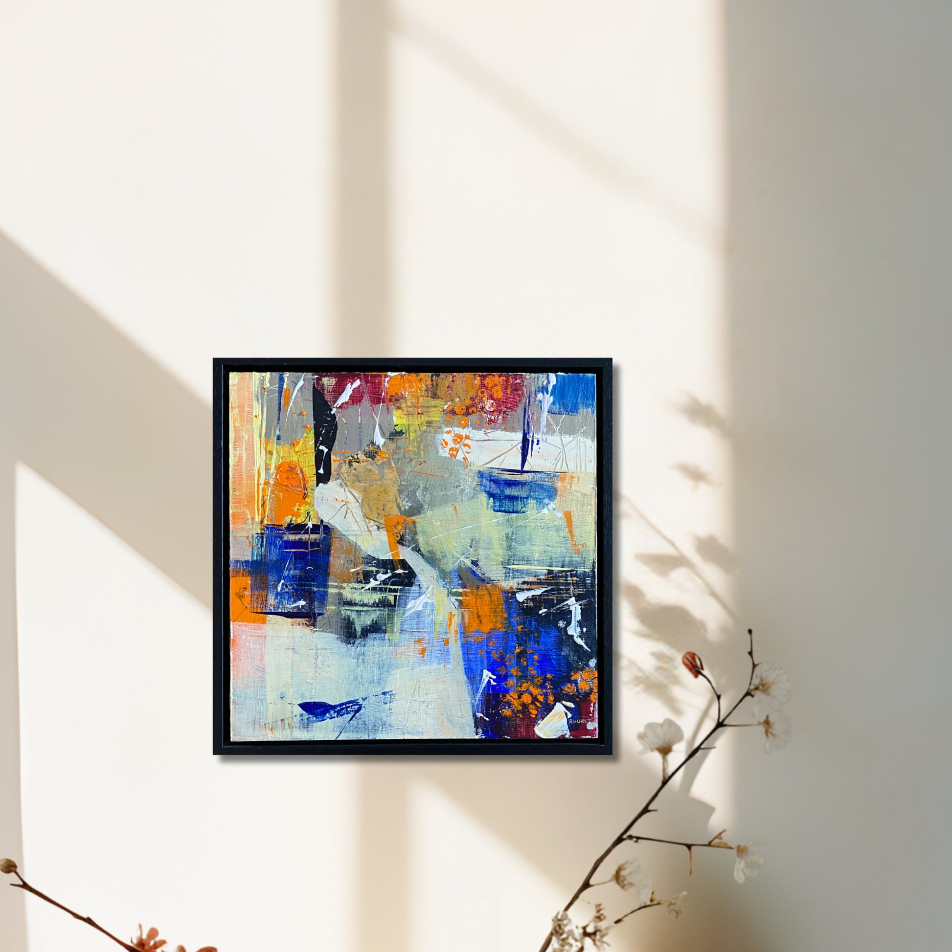 Orange and Blue acrylic Painting by Rebecca Hurst Artist Winchester, a bold and vibrant piece with experimental marks and lines.