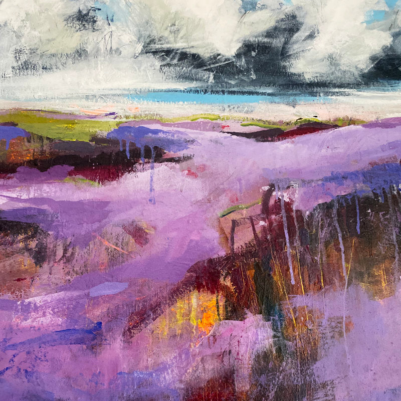 Close up of Purple Reverie Painting, a Dorset New Forest landscape painting inspired by heather and sweeping heathlands.