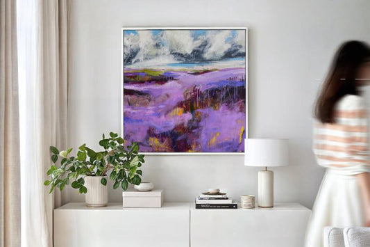 Large Framed purple painting of heather in a neutral setting. 