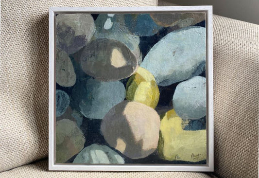 Original painting titled Scottish Pebbles, featuring layered textures and earthy tones inspired by Scottish pebbles, with subtle colours, light and shadow details.