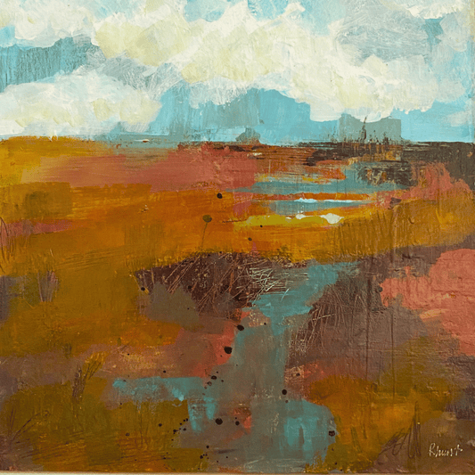 New Forest Heathland, An abstract landscape painting featuring a textured field of ochre, terracotta, and brown tones, with a winding teal stream and a cloudy sky in blue and cream.