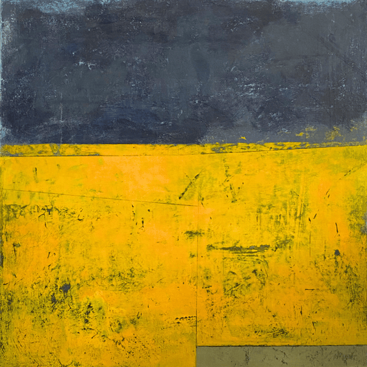 An abstract square painting featuring a thick horizontal split, with a dark charcoal gray textured top half and a bright yellow textured bottom half.