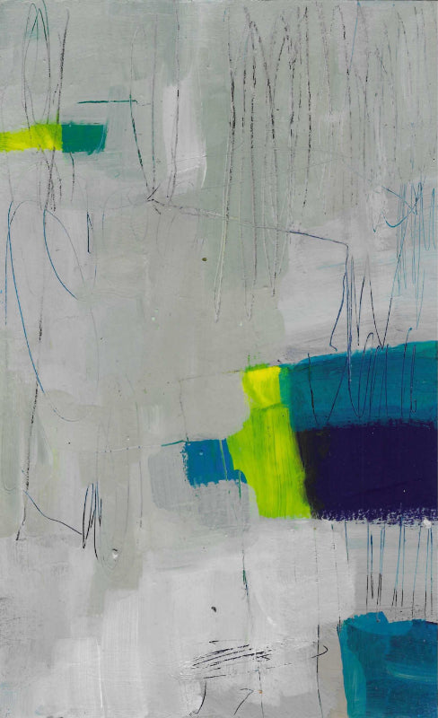 artwork with pops of blue and lime green and  grey