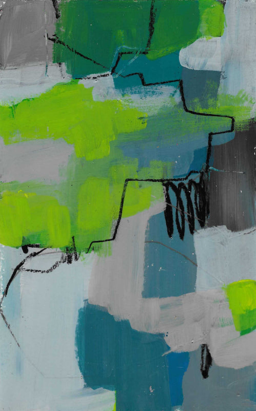 Abstract painting with blue green squares an vibrant green and grey shapes