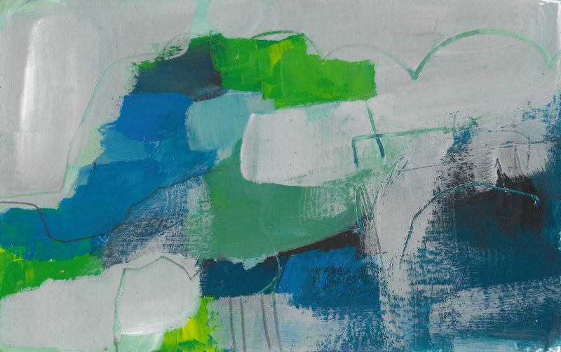 Abstract painting in blues, greens and greys