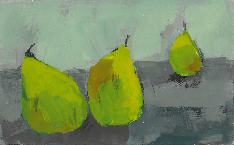 three green pears in a row on a green, grey background