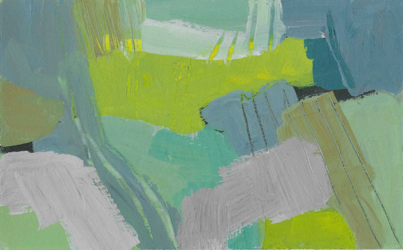 A painting of patchwork fields in greens, light blue, grey