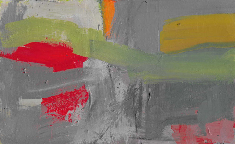 Abstract landscape painting in grey, orange, green, red