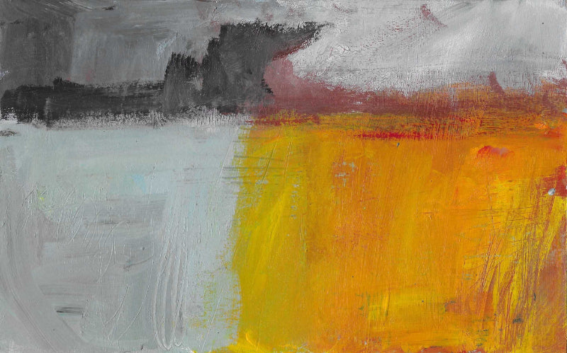 Abstract landscape painting with one field in grey, the other vibrant orange