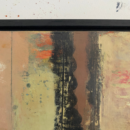 Close-up of an abstract painting with vertical textured brushstrokes in black, warm brown, beige, muted orange, and soft pink, with a dark frame visible at the top.