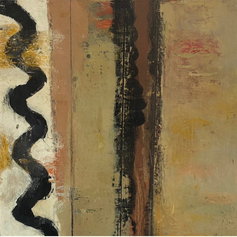 Echoes of Petworth Original Painting by Rebecca Hurst Abstract mixed-media painting with vertical textured bands in beige, brown, black, muted gold, and small areas of pink and yellow,