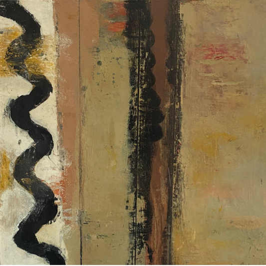 Echoes of Petworth Original Painting by Rebecca Hurst Abstract mixed-media painting with vertical textured bands in beige, brown, black, muted gold, and small areas of pink and yellow,