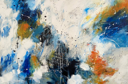 Abstract art with splashes of blue, orange, and black on a white background