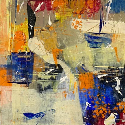 An abstract canvas painting with expressive brushstrokes and splatters in blue, orange, beige, gray, black, and white.