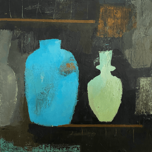 An abstract still life painting featuring two textured vases, one in bright blue and the other in pale yellow-green, set against a dark charcoal background with rustic brown and gray brushstrokes.
